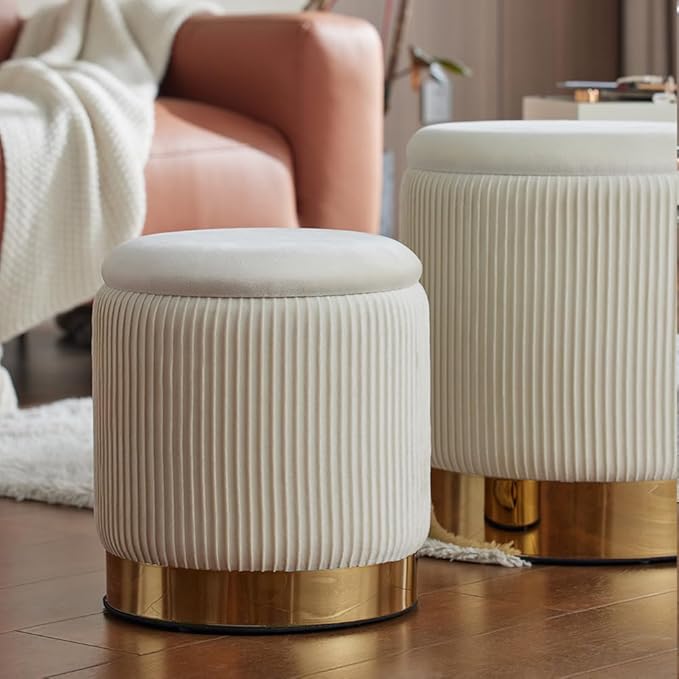 Round Ottoman with Storage Set of 2 Vanity Stool Foot Rest with Removable Lid White Velvet Storage Ottoman Stool for Living Room and Dorm