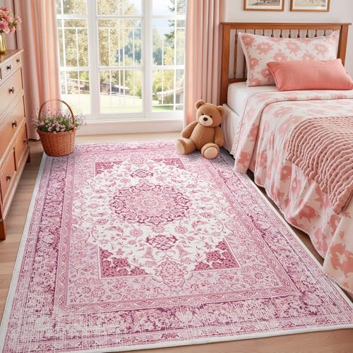 Macgace 5x7 Bright Pink Area Rug for Living Room, Machine Washable Rugs with Non-Slip Backing for Girls Bedroom, Cute Vintage Carpet for Kitchen Laundry Kids Room - color: Pink & White, size: 5' x 7' (Rectangular)