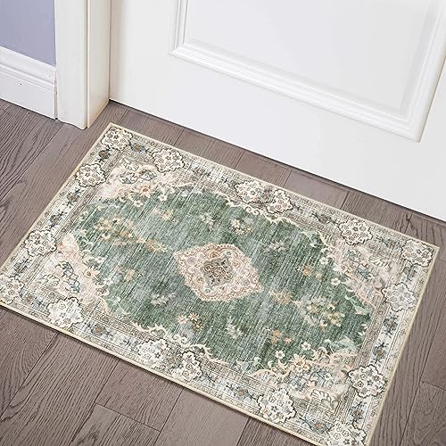 MUJOO Green Area Rug Small Rugs Boho Machine Washable Rugs Non Slip for Entryway Kitchen Bathroom Bedroom Vintage Soft Low-Pile 2'x3' Flowers - color: Green, size: 2' x 3' (Rectangular)
