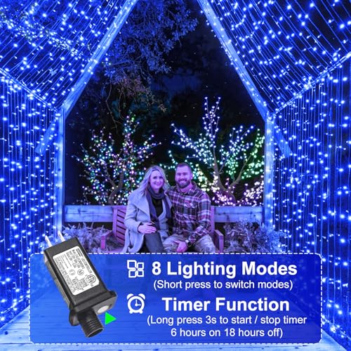 Blue Christmas Lights Outdoor, 100FT 300 LED String Lights for Outside Waterproof with 8 Modes, Plug in Connectable Fairy Light Green Wire for Indoor House Patio Yard Holiday Decorations - color: Blue, size: 100FT 300 LED