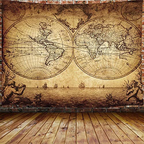 JAWO Old World Map Tapestry, Vintage Wanderlust Pirate Map Tapestry Wall Hanging for Bedroom, Historical Atlas Tapestries Poster Beach Blanket College Dorm Home Decor (90W X 70H) - size: 70"L x 90"W