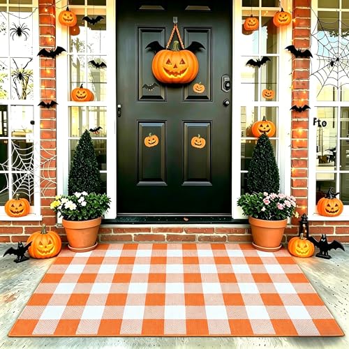 MUBIN Cotton Buffalo Plaid Rug, 3' x 5' Orange White Outdoor Rug Front Door Decorative Mat, Washable Halloween Doormat Foldable Area Rug Layered Door Mats Rug for Front Porch, Entryway, Patio - color: Orange White Plaid, size: 3' x 5' (Rectangular)
