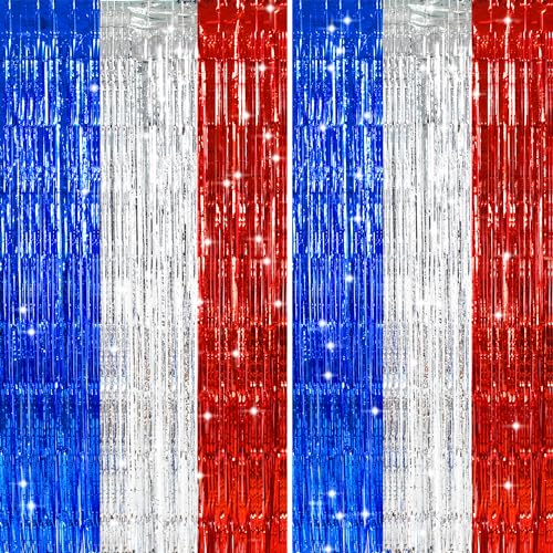 TONIFUL Red White and Blue Tinsel Foil Fringe Curtains,4th of July Decorations Independence Day Photo Booth Backdrop,Metallic Door Streamers for Patriotic Party Memorial Day Labor Day Supplies - color: Blue Silver Red