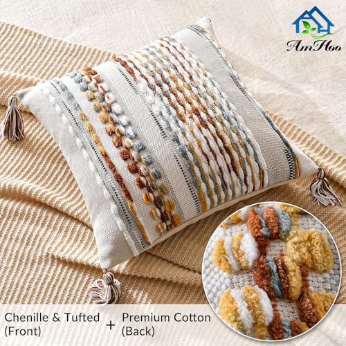 AmHoo Set of 2 Chenille Striped Textured Boho Throw Pillow Covers Aesthetic with Tassels Woven Decorative Pillow Case for Couch Bed Sofa Bedroom Modern Funky 18 x 18-Inch Brown - color: Brown, size: 18" x 18" (Pack of 2)