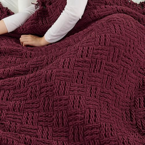 Home Soft Things Cable Knitted Throw Blankets 50'' x 60'', Burgundy, Soft Cozy Fluffy Decorative Throw with Tassels Couch Bed Sofa Cover Throw Blankets - color: Burgundy, size: 50" x 60"