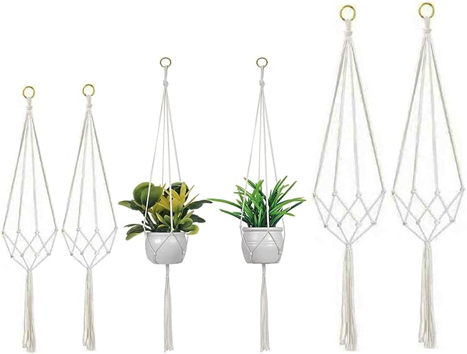 6pcs Macrame Hanging Baskets | Cotton Rope Hanging Basket for Plants | Boho Decorative Cotton Rope Hanging Basket for Flower Pots and Plants 80/90/100cm
