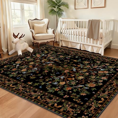 Black Area Rugs 5x7, Machine Washable Non-Slip Rug, Boho Floral Botanical Soft Low Pile Throw Rugs for Living Room, Bedroom, Dining Room, Office - color: Black, size: 7' x 5' (Rectangular)
