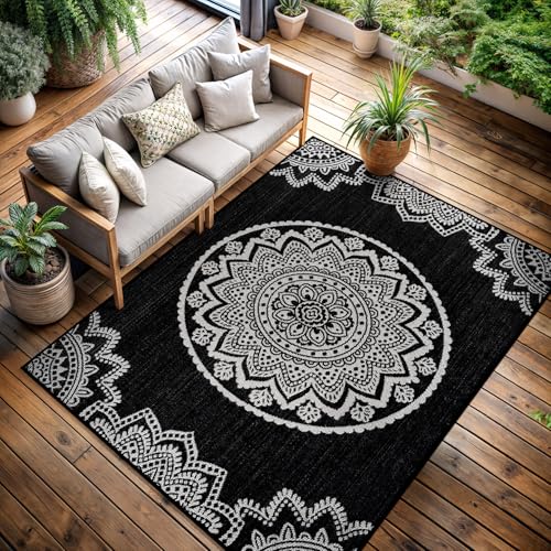 CAMILSON Outdoor Rug 9x12 Modern Large Area Rugs for Indoor and Outdoor Patios and Porches - Waterproof Washable Non-Shedding Easy-to-Clean Outside Carpet (9 x 12 Medallion - Black/White) - color: Medallion - Black / White, size: 9' x 12' (Rectangular)