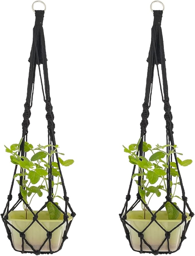Boho Black Macrame Plant Hangers Set of 2 - Hanging Planter with Patterns, Handmade Cotton Rope Hanging Baskets for Indoor Outdoor Plants, Bohemian Home Wall Decor Art