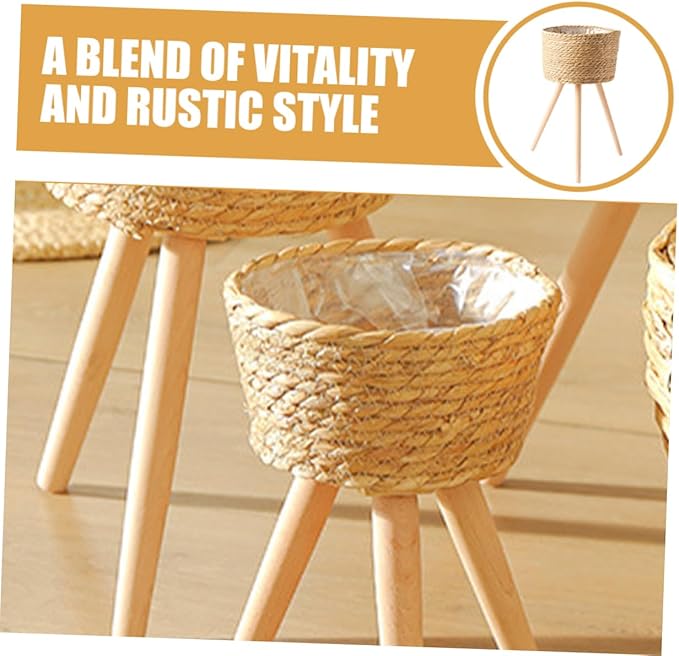 Wooden Woven Vines Plant Pot Stand for Living Room Decor Boho Style Garden Home