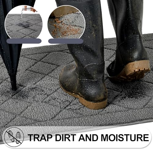 REFETONE Indoor Doormat, Front Back Door Mat 24"x36" Rubber Backing Non Slip Mats, Absorbent Washable Entrance Doormat for Entryway, Resist Dirt Low-Profile Inside Floor Mat for Muddy Shoes, Grey - color: Big Plaid Dark Grey, size: 2' x 3' (Rectangular)