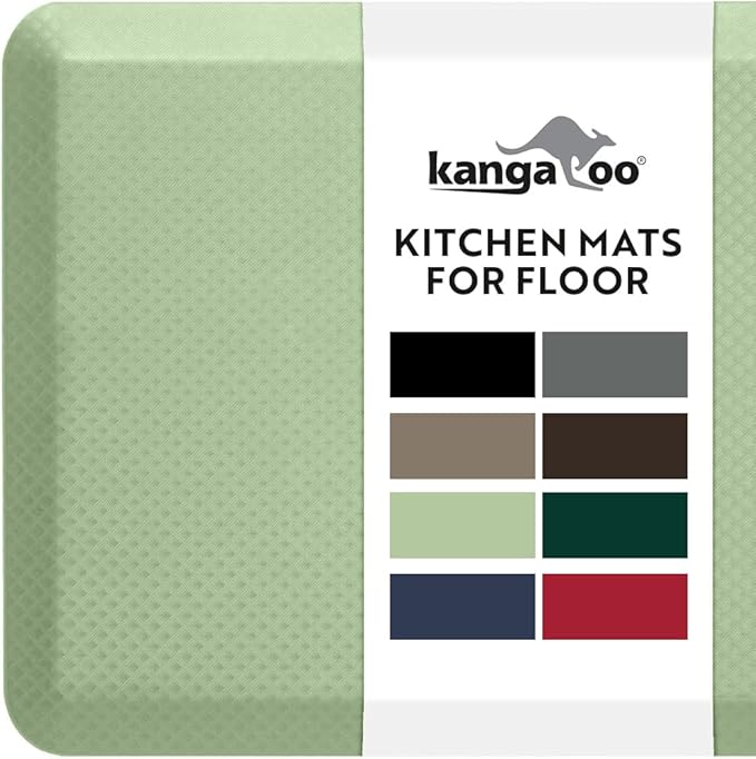 KANGAROO Thick Ergonomic Anti Fatigue Mats for Kitchen Floor, 48x20, Cushioned Standing Office Desk Mat, Waterproof Scratch Resistant Topside, Supportive All Day Comfort Padded Foam Rugs, Sage Green