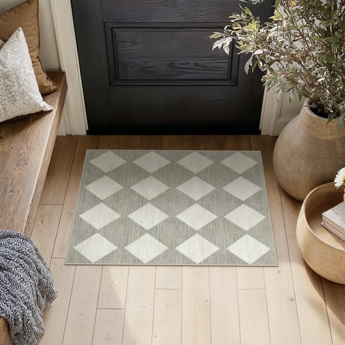 PureCozy Machine Washable Gray 2x3 Area Rugs for Entryway Modern Soft Checkered Indoor Door Mats Non-Slip Stain Resistant Low Pile Accent Small Rug for Bedroom Kitchen Laundry Entrance - color: Checkered Grey, size: 2' x 3' (Rectangular)