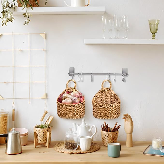 DOITOOL Woven Hanging Storage Basket 9.64X7.48X3.93In Kitchen Wall Basket for Ginger Garlic Onion Storage and Decorative Organization