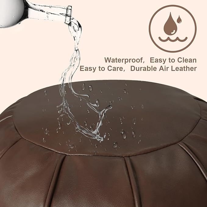Louis Donné Brown Waterproof Faux Leather Unstuffed Pouf Ottoman, Handmade Moroccan Pouf Cover 21"x13", Round Floor Cushion Floor Chair Footstool for Living Room, Bedroom and Wedding (Only Cover)