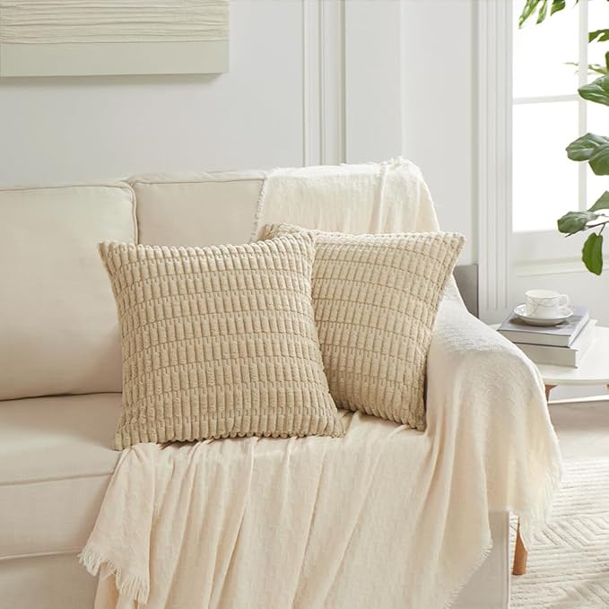 Fancy Homi 4 Packs Beige Decorative Throw Pillow Covers 20x20 Inch for Living Room Couch Bed Sofa, Tan Rustic Farmhouse Boho Home Decor, Soft Plush Striped Corduroy Square Cushion Case 50x50 cm