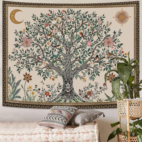 Spenlife Tree of Life Tapestry, Whimsical Floral Tapestries for Bedroom, Cottagecore Wall Decor, Nature Tapestries (60" x 44") - color: Green Ivory, size: 60"L x 44"W