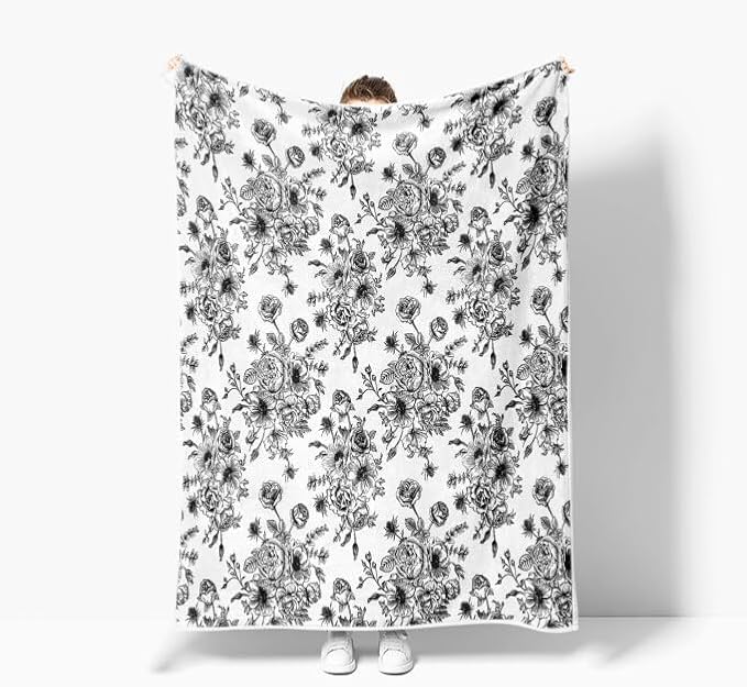 Floral Throw Blanket, Botanical Floral Blanket, Soft, Flannel, Warm, Boho Floral Bed Blanket All Season Flower Throw Blanket for Couch Bedroom Living Room, Black 50X60 Inch