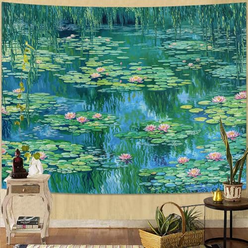 kampdream Landscape Tapestry, Scenery Art Wall Tapestries, Nature Wall Decor for Bedroom Living Room Backdrop Impressionist Pond Lotus 36×48 inches - color: Green Pond, size: 48"L x 36"W