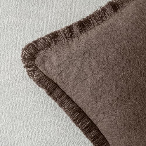 MIULEE Decorative Throw Pillow Covers Neutral Linen Fringe Throw Pillows Set of 2 Reddish Brown Boho Farmhouse Cushion Covers for Couch Sofa Bed Living Room Spring Home Decor 16x16 Inch - color: Reddish Brown, size: 16" x 16" (Pack of 2)