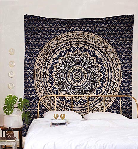 Popular Handicrafts New Launched Kp761 original Gold Ombre Tapestry Mandala tapestries Wall Art Hippie Wall Hanging Bohemian Bedspread With Metallic Shine tapestries 84x54 Inches(215x140cms) blue - color: Blue and Gold, size: 82"L x 54"W