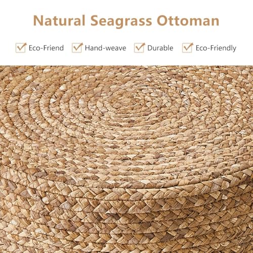 Wimarsbon 2Pcs Pouf Ottomans, Natural Seagrass Foot Stool, Hand Weaving Round Ottoman, Boho Decorative Seat, Jute Braided Pouffe Poof Accent Sitting Footrest for Living Room (Blue-2) - color: 14inch Water Hyacinth Braid & Blue Corn Shell