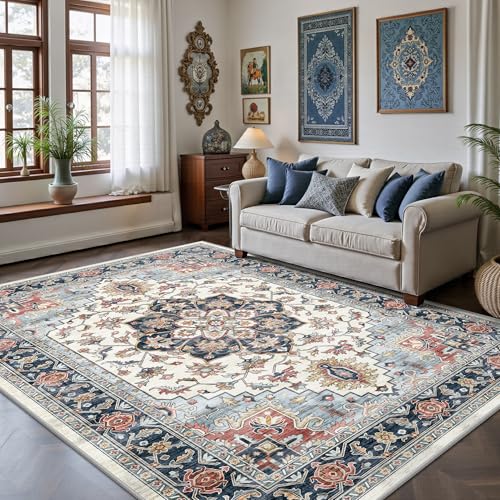 5x7 Area Rugs - Washable Rug Vintage Distress Boho Medallion Rugs for Living Room, Soft Non-Slip Backing Low Pile Carpet for Bedroom Dining Room Office Nursery Dorm Home, Blue Beige Orange - color: D-navy Blue/Beige/Orange, size: 5' x 7' (Rectangular)