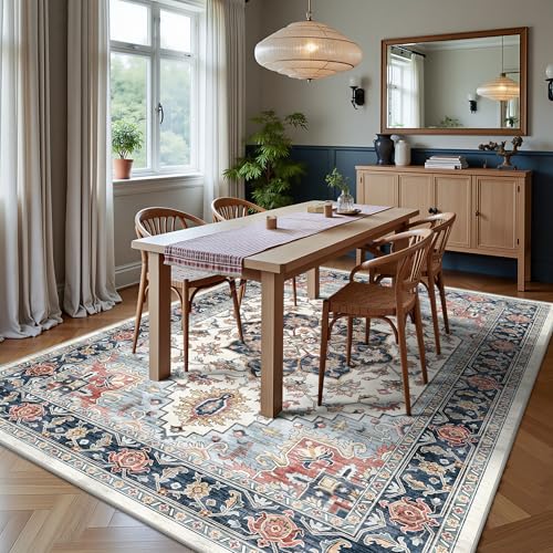 5x7 Area Rugs - Washable Rug Vintage Distress Boho Medallion Rugs for Living Room, Soft Non-Slip Backing Low Pile Carpet for Bedroom Dining Room Office Nursery Dorm Home, Blue Beige Orange - color: D-navy Blue/Beige/Orange, size: 5' x 7' (Rectangular)