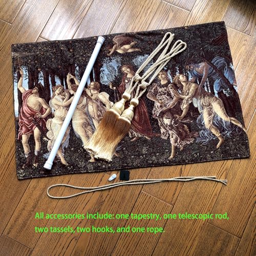 AureoMadis Primavera by Botticelli Tapestry Wall Hanging Set, 42"x27" Renaissance Medieval Vintage Victorian Woven Tapestries with Rod, Tassels & Hooks (Green：Botticelli's 'The Spring' Inspired Timeless Color Symphony) - color: Green：Botticelli's 'The Spr