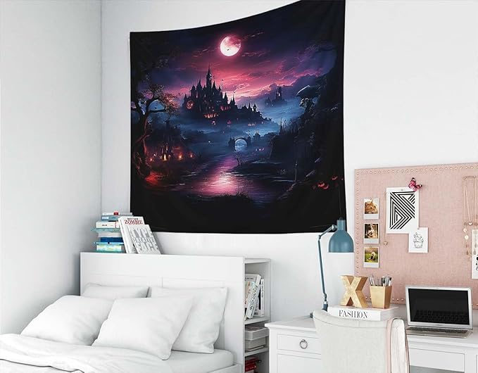 EMMTEEY Halloween Tapestry Halloween Castle Red Moon Dark 60X50 Inch Ceiling Tapestry Wall Art Hanging Tapetries for Bedroom Living Room Dorm Décor