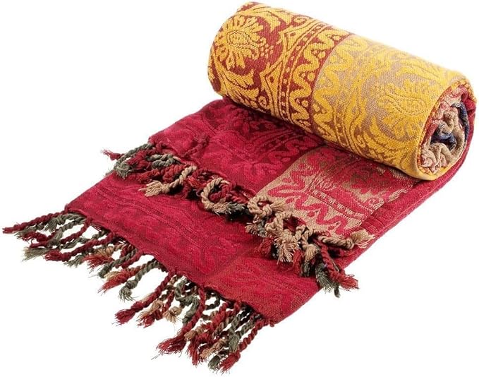 amorus Bohemian Throw Blankets Chenille Jacquard Tassels Soft Chair Cover for Bed Couch Decorative Sofa Throw Blankets - Colorful Tribal Pattern (Red, 60x75 Inches)