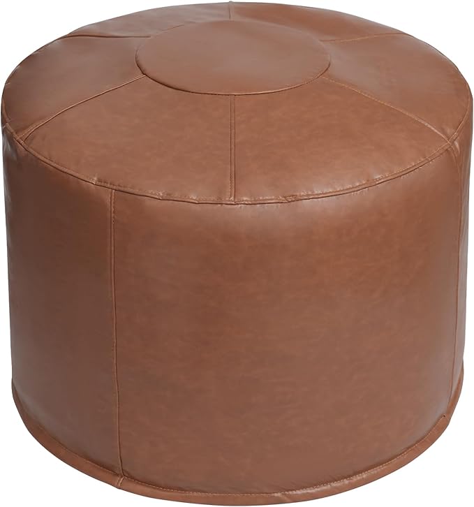 Unstuffed Ottoman Pouf Cover 20 X 15 Inch, Round Pu Leather Foot Stool, Floor Bean Bag(No Filler), Foot Rest with Storage for Living Room/Bedroom/Office, Brown
