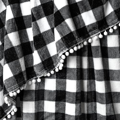 PAVILIA Black White Fleece Throw Blanket for Couch with Pom Pom Fringe, Buffalo Checkered Plaid, Soft Cozy Fuzzy Flannel Blanket for Sofa Bed, Large Lightweight Plush All Season Throw, 60x80 Inches - color: Checkered White, size: 60"x80"
