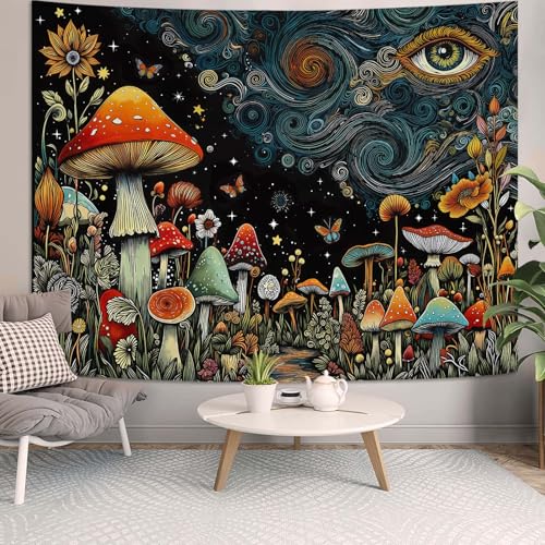 Accnicc Hippie Mushroom Forest Tapestry Abstract Fantasy Sky Eye Wall Tapestry for Bedroom Aesthetic Art Floral Plant Large Tapestries Wall Hanging for Dorm Living Room Decor 80 × 60 Inch - color: Black Red, size: 80"L x 60"W