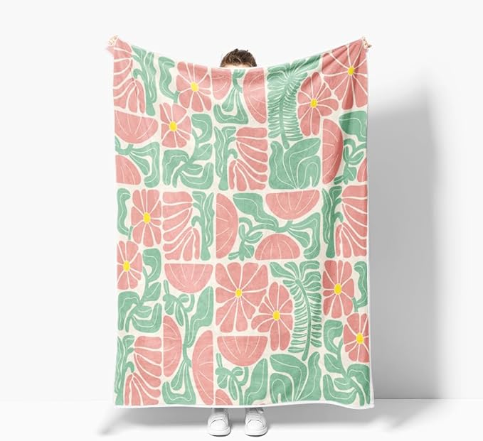 Boho Abstract Colorful Floral Throw Blanket, Vintage Retro Patchwork Pink Green Flower Botanical Geometric Aesthetic Groovy Flannel Throw Blanket for Chair Bed Sofa Couch, 50X60IN