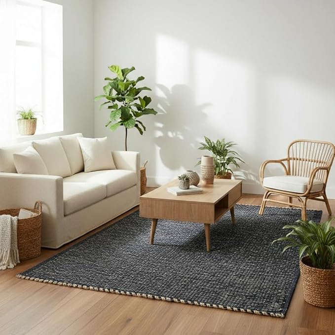 Navy 5X7 Jute Rug Braided Construction - Farmhouse Woven Carpet - Nautical Floor Covering for Bedroom Living Room, 5' x 7'