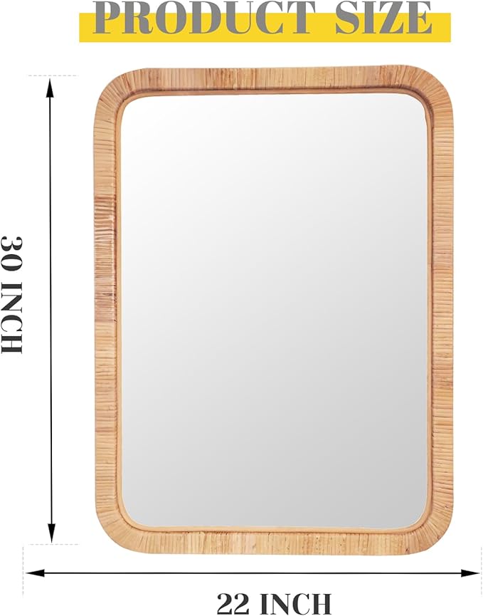 Rattan Mirror,Rectangle Boho Bathroom Mirror for Wall,22x30 Wicker Vanity Mirror for Nursery Décor,Coastal Farmhouse Wood Mirror for Bedroom Entryway Living Room