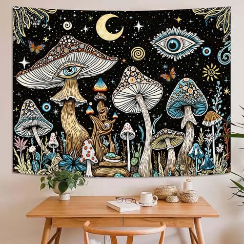 Accnicc Hippie Mushroom Tapestry Abstract Fantasy Plant Wall Tapestry for Bedroom Aesthetic Art Moon Star Eye Butterfly Small Tapestries Wall Hanging for Dorm Living Room Decor 48 × 36 Inch - color: Black Green, size: 48"L x 36"W