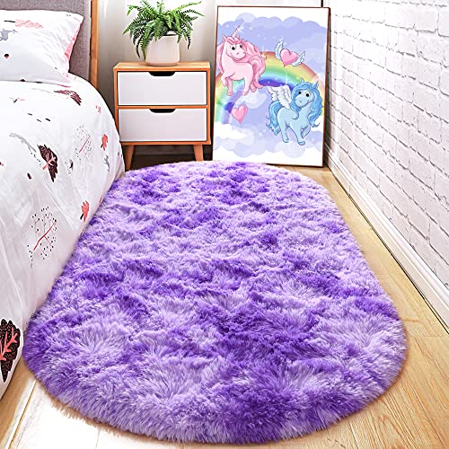 junovo Ultra Soft Washable Shaggy Rug - Non-Slip Oval Carpet for Nursery, Kids Bedroom & Home Decor (2.6x5.3ft Tie-Dye Purple) | Plush Fluffy Floor Mat for Cozy Living Spaces - color: Tie-dye Purple, size: 2.6' x 5.3'
