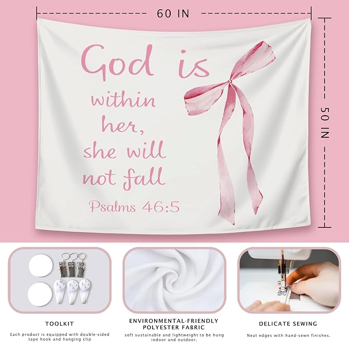 LIANGW Coquette Pink Bow Christian Tapestry Aesthetic, Wall Tapestry for Bedroom, Pink Wall Art for Teen Girls & Women, Bible Verses Tapestries Wall Hanging, Preppy Girly Room Decor 50x60 inche