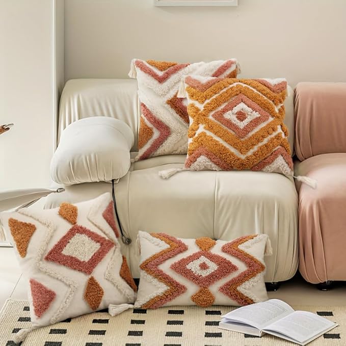 Merrycolor Boho Throw Pillow Covers 18x18 with Tassels, Decorative Pillow Covers Woven Tufted Bohemian Pillow Covers for Couch Sofa Bedroom Living Room (Orange)