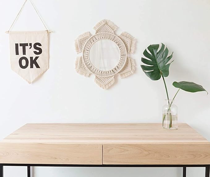Mkono Boho Wall Mirror Decor Round Macrame Hanging Wall Art Decoration for Bedroom Nursery Living Room Apartment Office Entryways Home, Teen Girl Mothers Gift, Ivory
