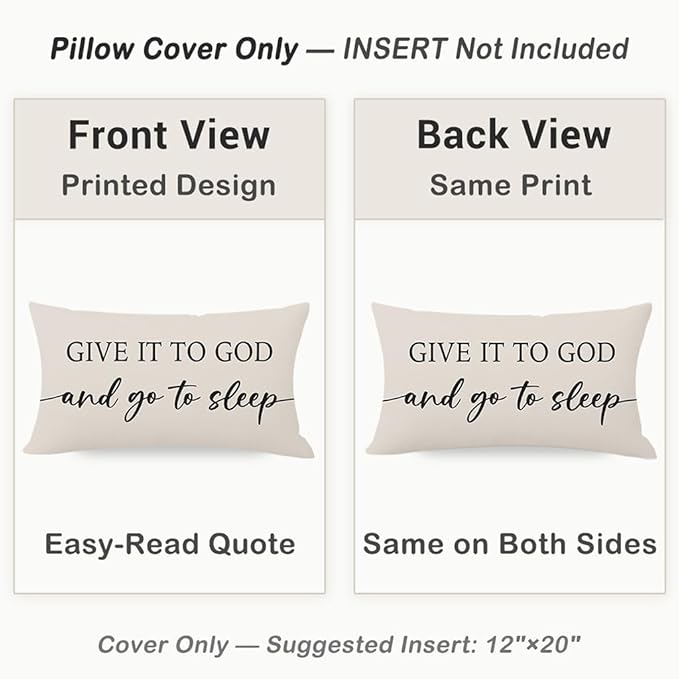 Christian Pillow Covers 12x20 Inch Set of 2 – Warm Cream Lumbar Case – Relax God’s Got This/Give It to God and Go to Sleep – Neutral Faith Throw Pillows Cases for Bed or Couch