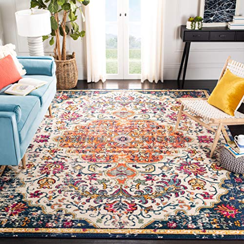SAFAVIEH Madison Collection Area Rug - 3' Square, Ivory & Orange, Boho Chic Medallion Distressed Design, Non-Shedding & Easy Care, Ideal for High Traffic Areas in Living Room, Bedroom (MAD447A) - color: Ivory/Orange, size: 3' x 3' (Square)
