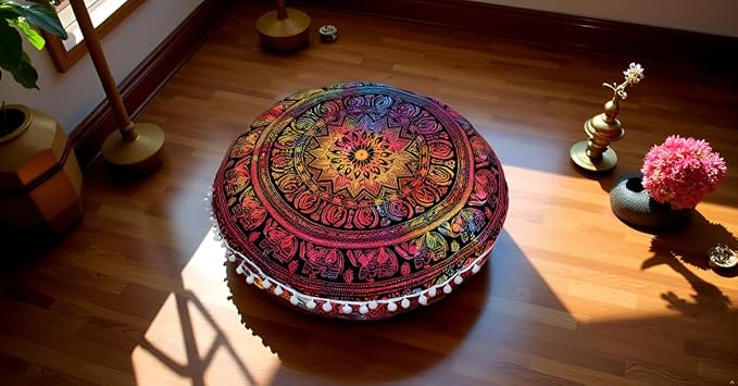 Round Mandala Floor Pillow Cover Seating Cushion Throw Cover Hippie Decorative Bohemian Ottoman Pouf Cover, Pom Pom Pillow Cases,Boho Indian 22 Inches (Multi Elephant Flower)