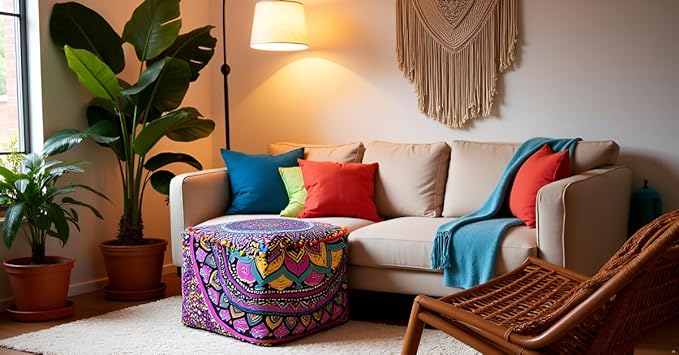CRAFT KALA Large Hippie Mandala Meditation Floor Ottoman Pillow Cushion Pouf Cover Square Poufs Cover Bohemian Floor Cushion Cover Outdoor Fireplace Living Room Decor 16X16X14 inches, New Pink Ombre