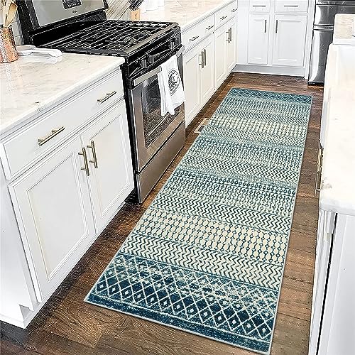 Moroccan Kitchen Runner Rug, 2x6 Non Slip Vintage Blue Rug for Kitchen Floor, Soft Low-Pile Washable Laundry Room Rug Indoor Floor Throw Carpet for Doorway Hallway Bedside Bathroom - color: Royal Blue, size: 2' x 6' (Runner)