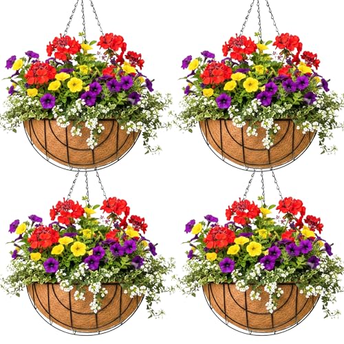 Metal Hanging Baskets for Plants Outdoor 4 Pack Round Metal Wire Hanging Basket Planter (Grid, 10 Inch) - size: 10 Inch, style: Grid