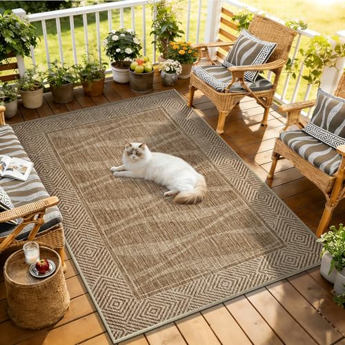 Jute Rug 3x5 Outdoor Patio Rug with Border, Washable Rugs for Entryway Porch, Farmhouse Non Slip Area Rugs with Rubber Backing, Non Shedding Carpet for Indoor Outdoor Bedroom, Courtyard, Light Brown - color: Light Brown, size: 3'x5'
