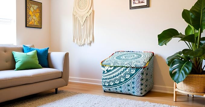CRAFT KALA Mandala Meditation Floor Pillows Square Pillow Cover Seating Hippie Decorative Adults Bohemian Floor Cushion Cover Outdoor Living Room Throw Ottoman Poufs Cover 18X18X14 inches, Green Ombre